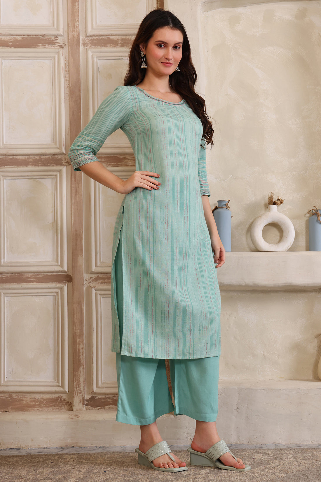 Sea Green Striped Lace Embellished Straight Cotton Blend Kurta, Palazzo and Dupatta Set