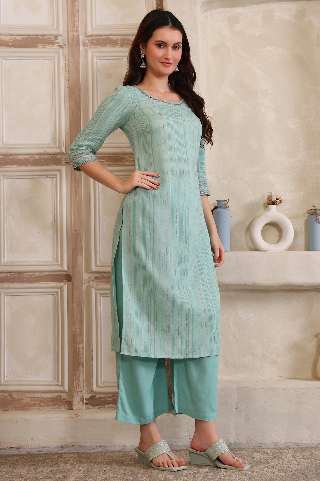 Sea Green Striped Lace Embellished Straight Cotton Blend Kurta, Palazzo and Dupatta Set
