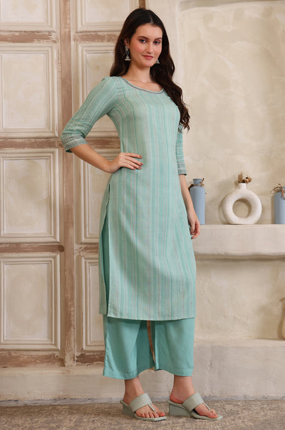 Sea Green Striped Lace Embellished Straight Cotton Blend Kurta, Palazzo and Dupatta Set