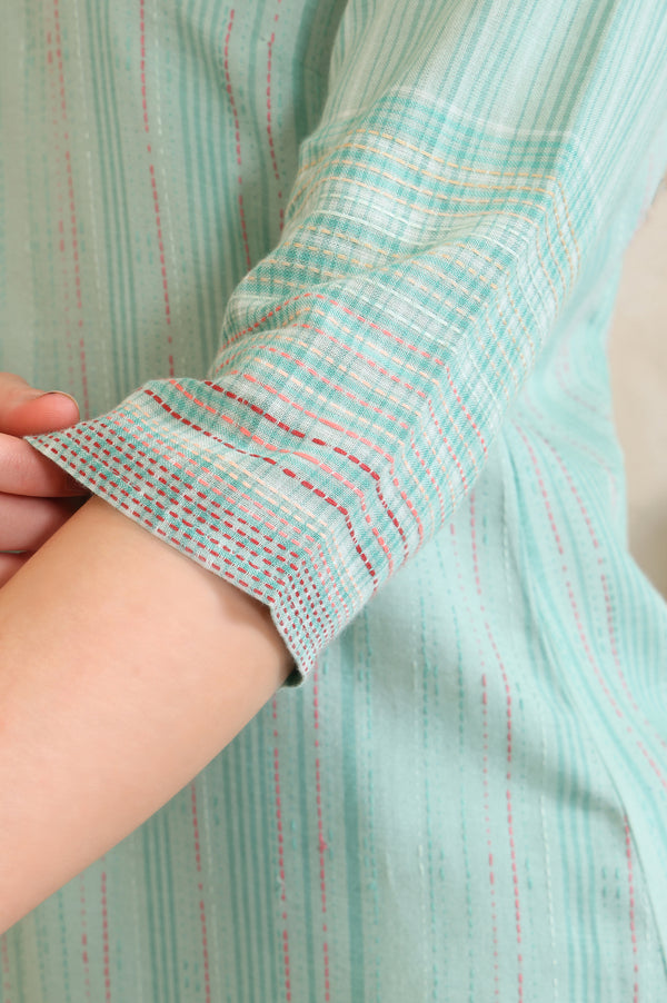 Sea Green Striped Lace Embellished Straight Cotton Blend Kurta, Palazzo and Dupatta Set