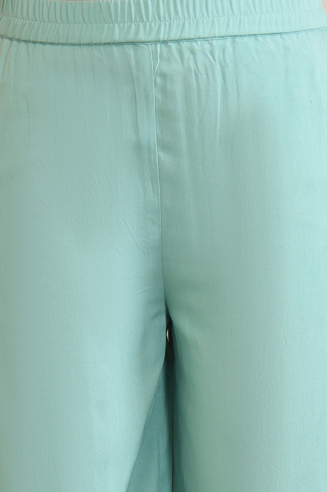 Sea Green Striped Lace Embellished Straight Cotton Blend Kurta, Palazzo and Dupatta Set