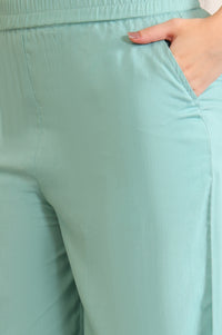 Sea Green Striped Lace Embellished Straight Cotton Blend Kurta, Palazzo and Dupatta Set
