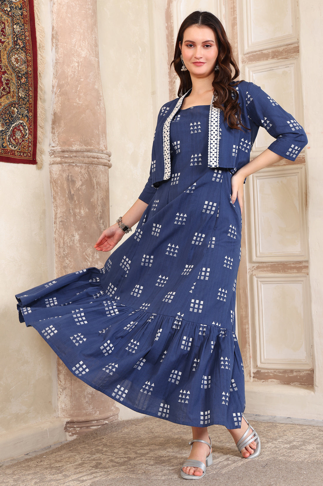 Buy Blue Dyed Thread Embroidered Flared Cotton Blend Dress and Jacket Set Online for Woman