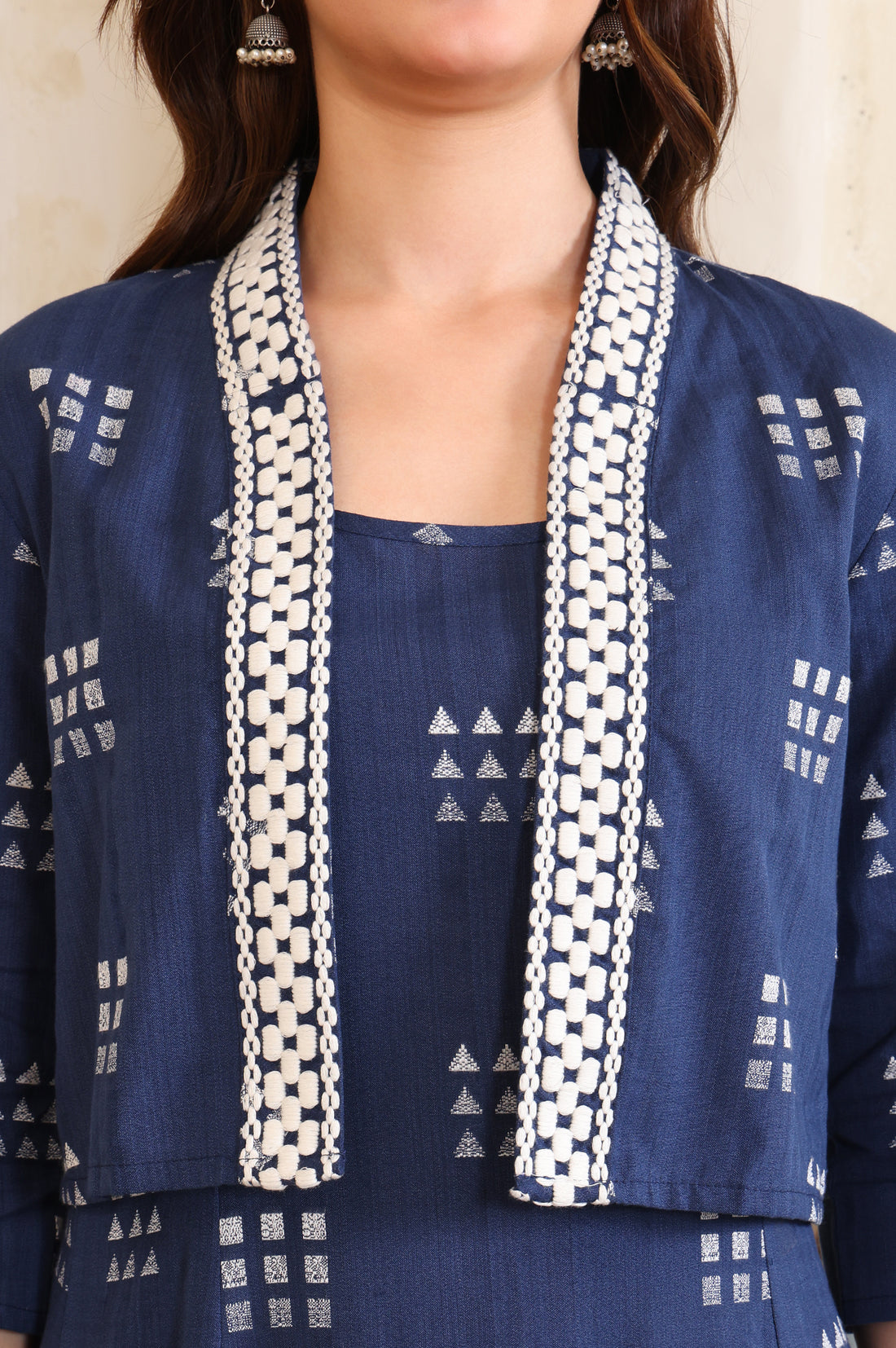 Blue Dyed Thread Embroidered Flared Cotton Blend Dress and Jacket Set