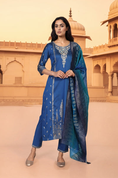 Blue Abstract Floral Sequined Straight Kurta with Trouser and Dupatta Set