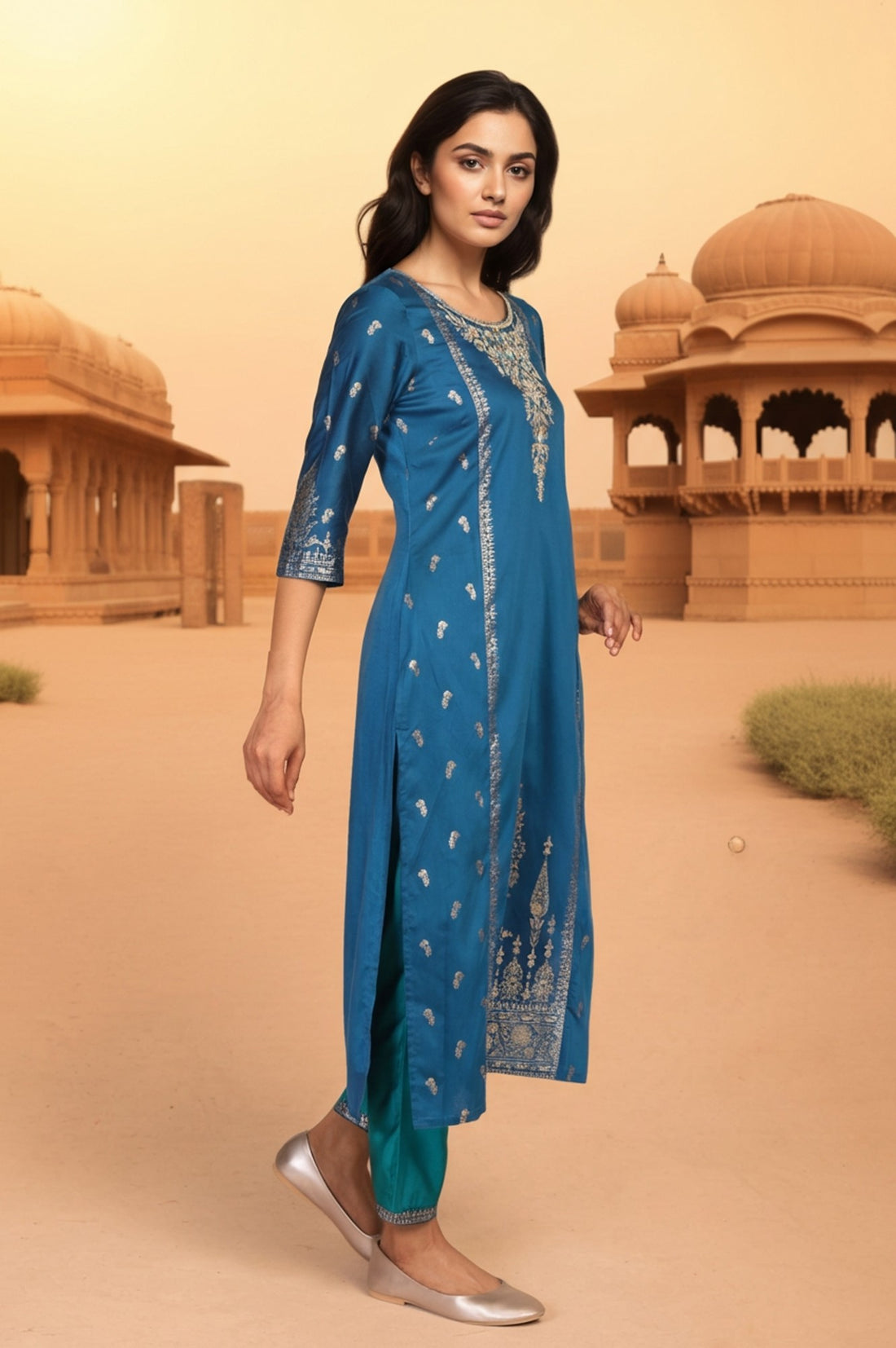 Blue Abstract Floral Sequined Straight Kurta with Trouser and Dupatta Set
