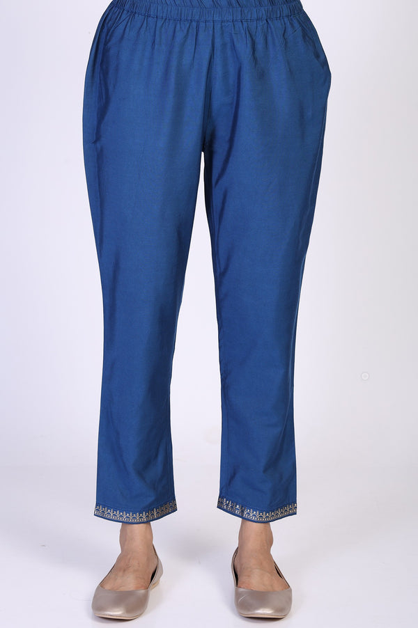 Blue Abstract Floral Sequined Straight Kurta with Trouser and Dupatta Set