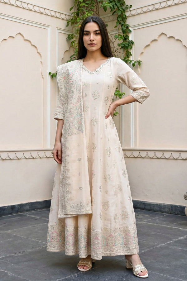 Off White Floral Printed Sequins Anarkali Kurta with Leggings and Dupatta Set