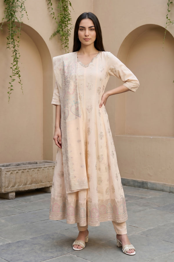 Off White Floral Printed Sequins Anarkali Kurta with Leggings and Dupatta Set