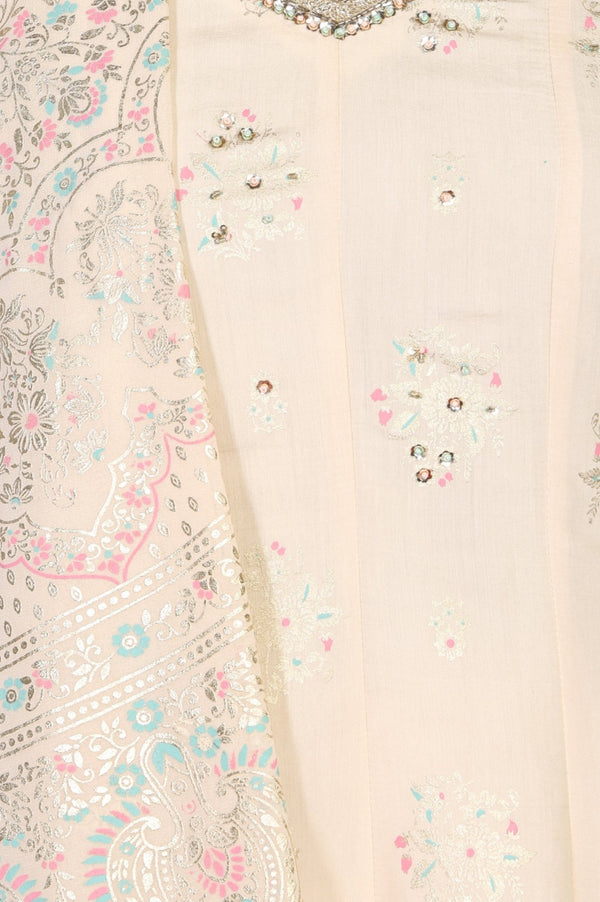 Off White Floral Printed Sequins Anarkali Kurta with Leggings and Dupatta Set