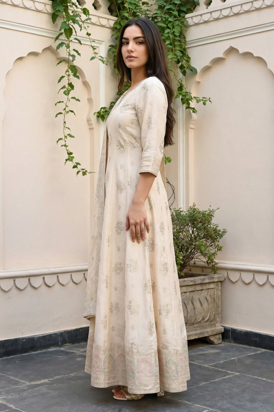 Off White Floral Printed Sequins Anarkali Kurta with Leggings and Dupatta Set