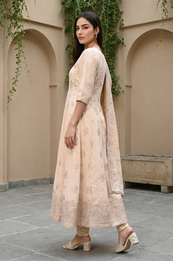 Off White Floral Printed Sequins Anarkali Kurta with Leggings and Dupatta Set