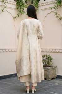 Off White Floral Printed Sequins Anarkali Kurta with Leggings and Dupatta Set