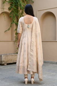 Off White Floral Printed Sequins Anarkali Kurta with Leggings and Dupatta Set