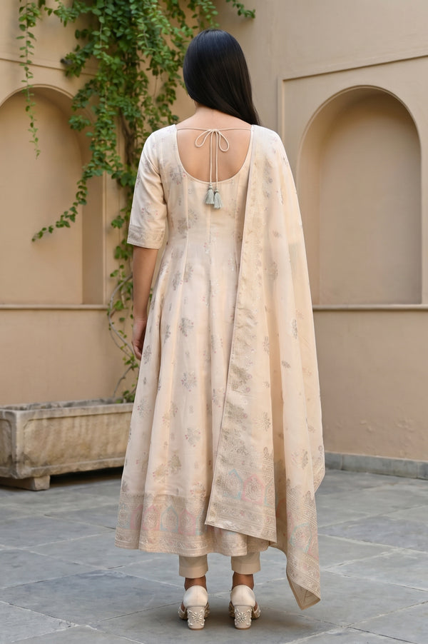 Off White Floral Printed Sequins Anarkali Kurta with Leggings and Dupatta Set