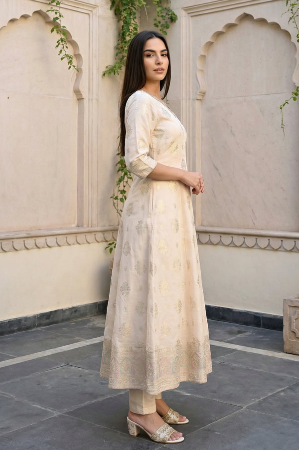 Off White Floral Printed Sequins Anarkali Kurta with Leggings and Dupatta Set
