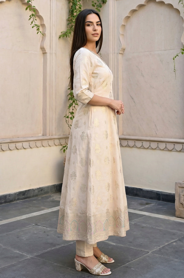 Off White Floral Printed Sequins Anarkali Kurta with Leggings and Dupatta Set