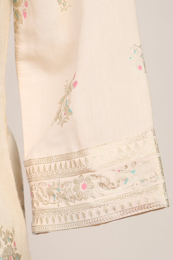 Off White Floral Printed Sequins Anarkali Kurta with Leggings and Dupatta Set