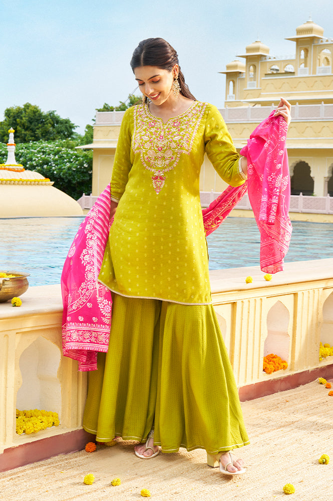Green Self Design Sequined Straight Yarn Dyed Kurta with Palazzo and Dupatta Set - S