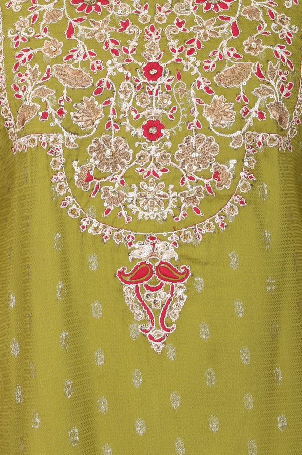 Green Embroidered Yarn Dyed Jacquard Straight Short Kurta