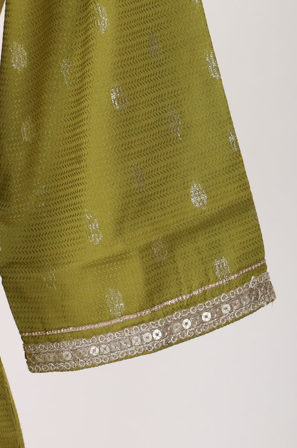 Green Embroidered Yarn Dyed Jacquard Straight Short Kurta