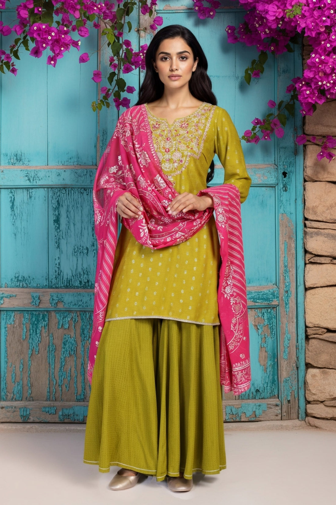 Green Self Design Sequined Straight Yarn Dyed Kurta with Palazzo and Dupatta Set