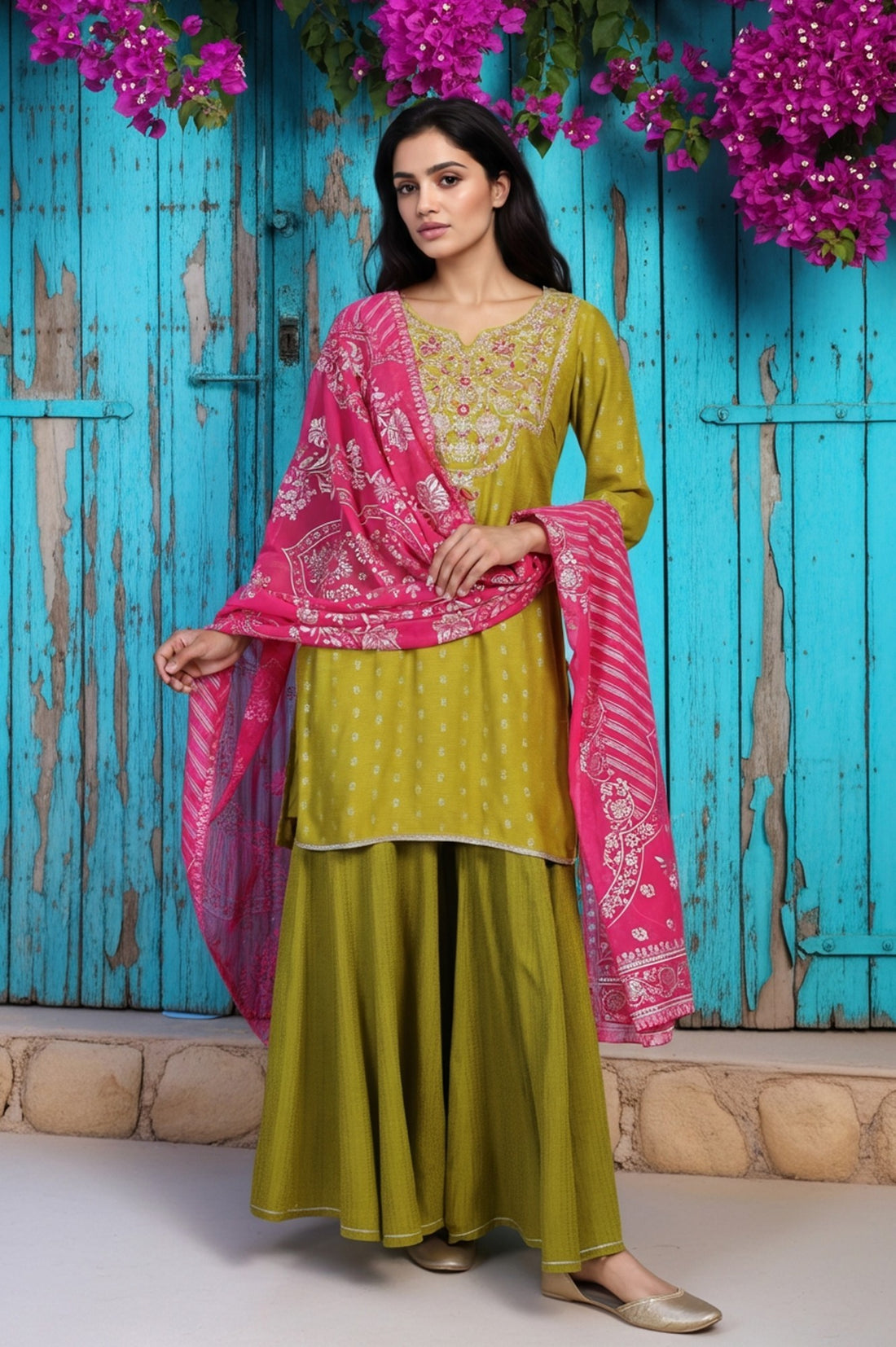 Green Self Design Sequined Straight Yarn Dyed Kurta with Palazzo and Dupatta Set