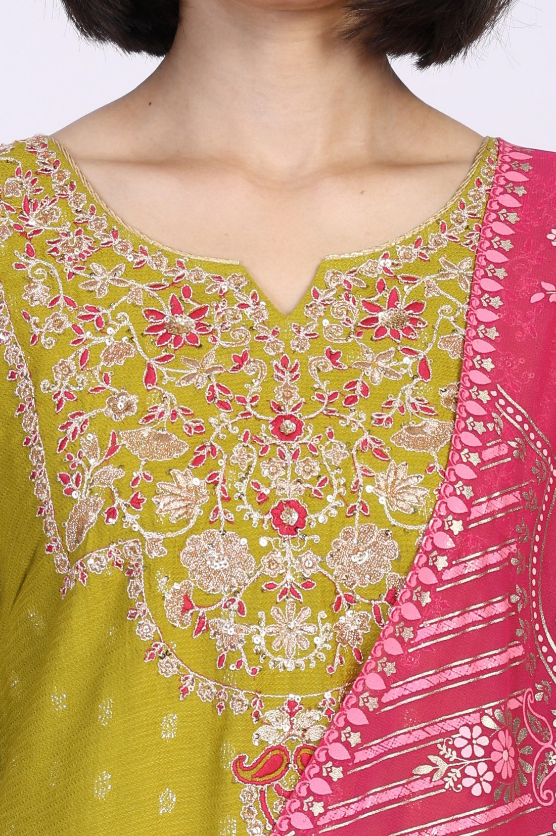 Green Self Design Sequined Straight Yarn Dyed Kurta with Palazzo and Dupatta Set