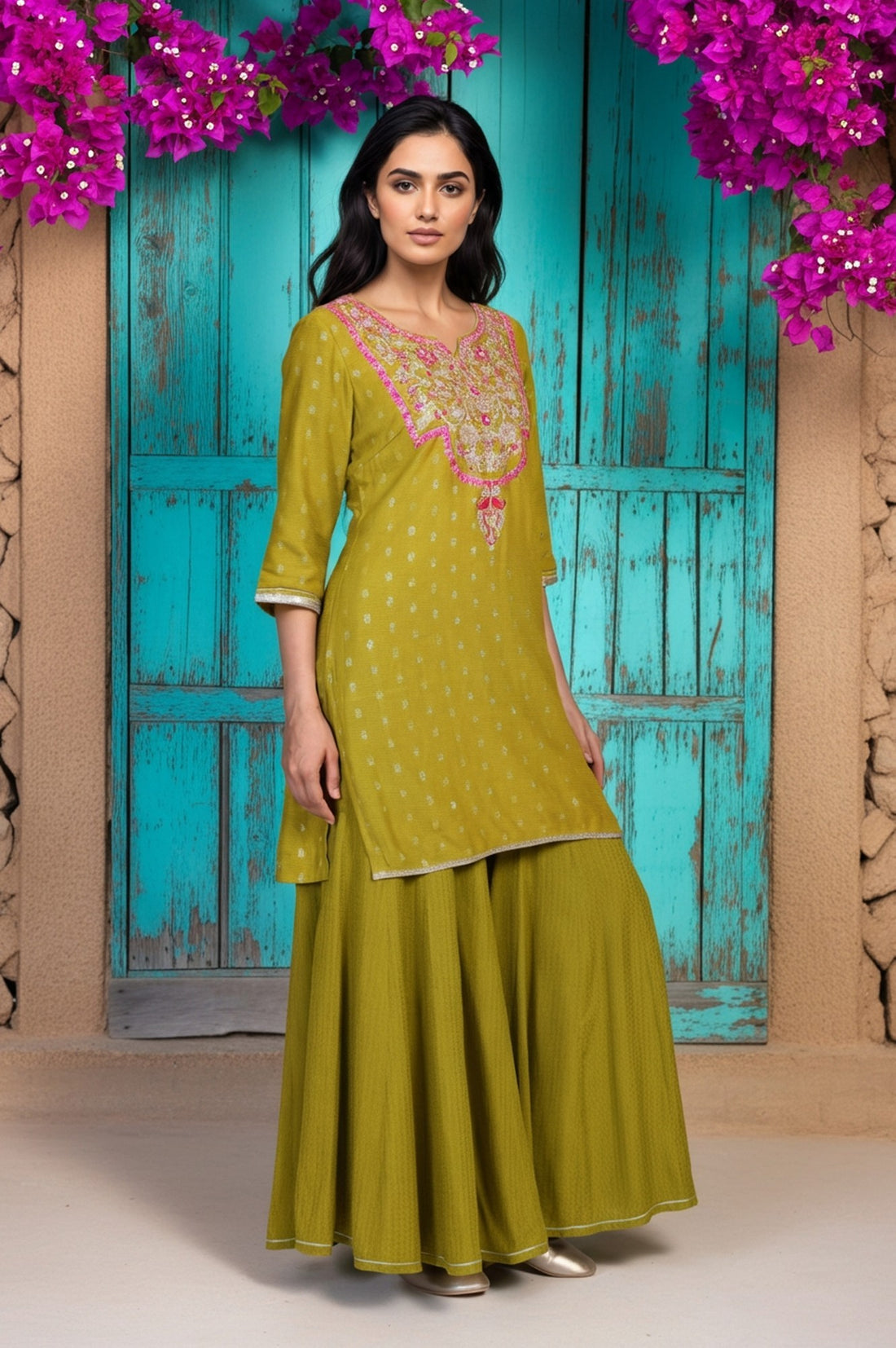 Green Self Design Sequined Straight Yarn Dyed Kurta with Palazzo and Dupatta Set