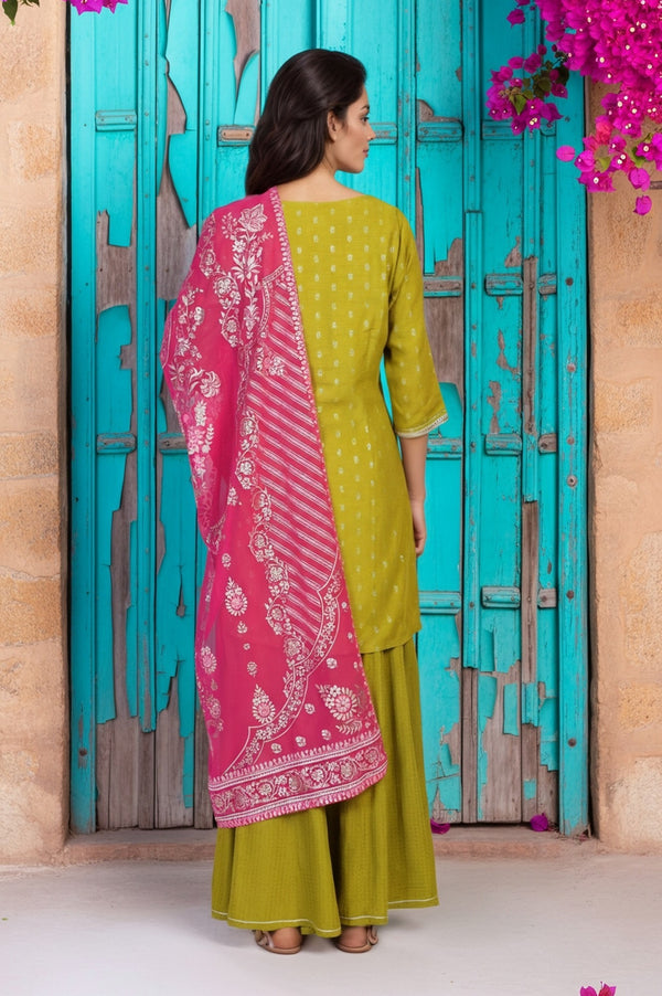 Green Self Design Sequined Straight Yarn Dyed Kurta with Palazzo and Dupatta Set