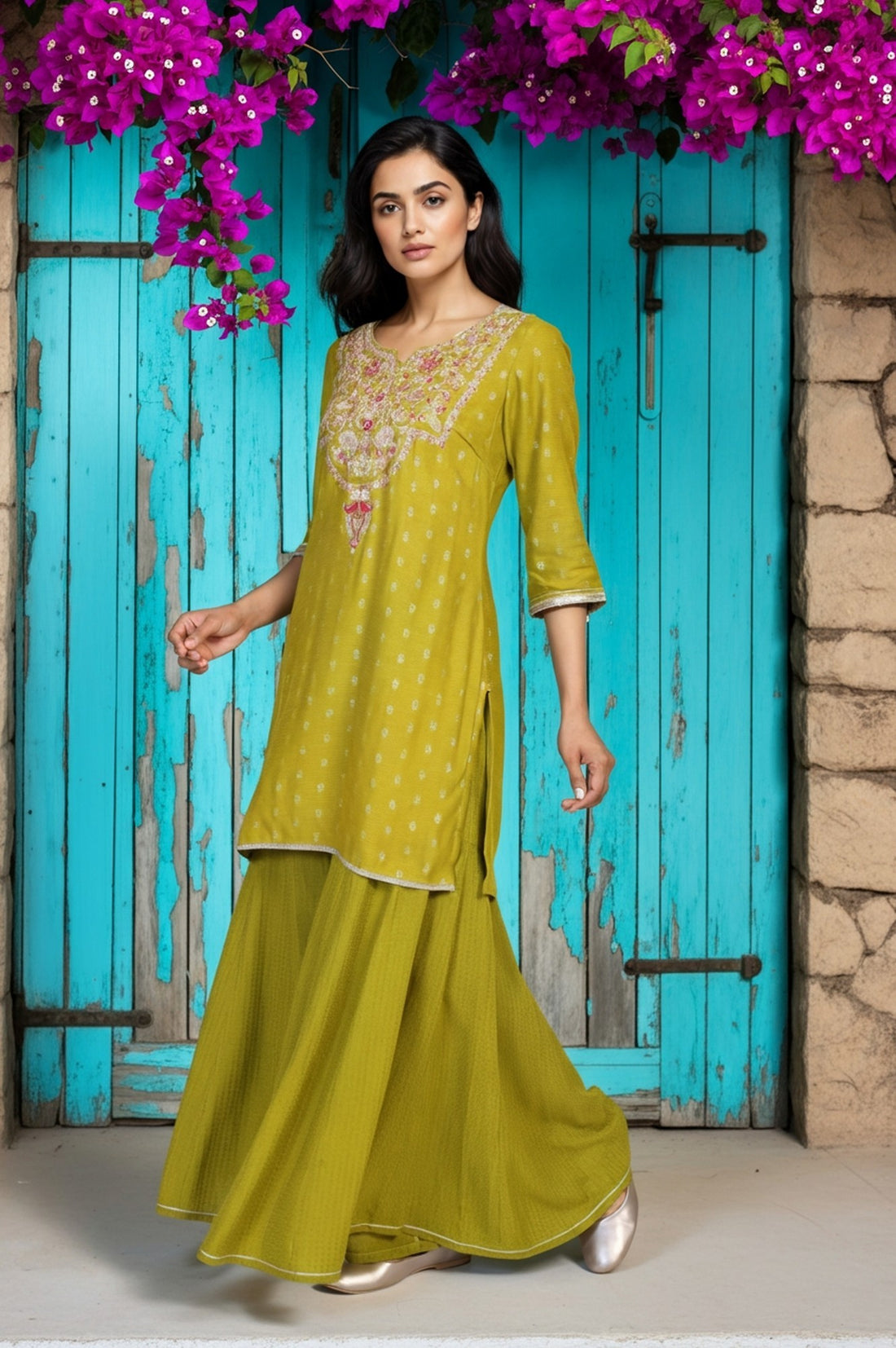 Green Self Design Sequined Straight Yarn Dyed Kurta with Palazzo and Dupatta Set