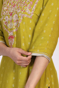 Green Self Design Sequined Straight Yarn Dyed Kurta with Palazzo and Dupatta Set