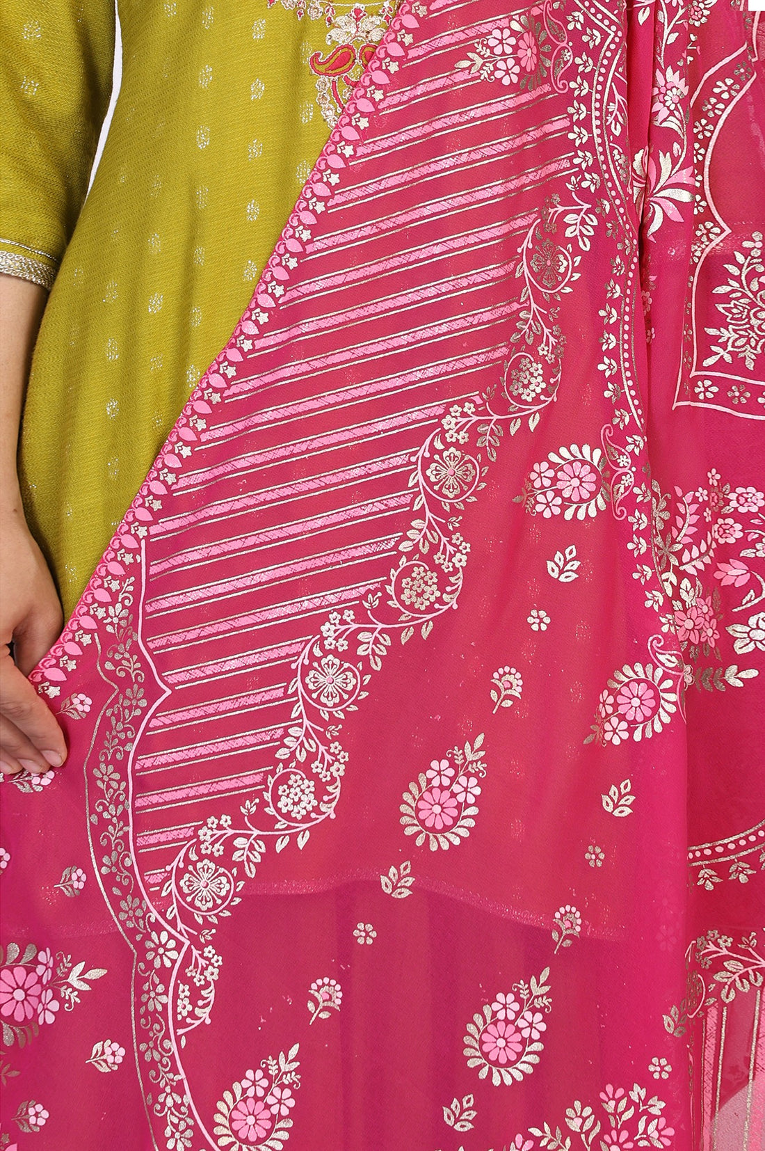 Green Self Design Sequined Straight Yarn Dyed Kurta with Palazzo and Dupatta Set