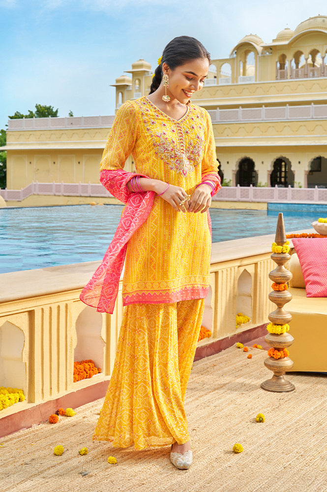 Yellow Bandhani Printed Dori Embroidered Straight Georgette Kurta with Sharara and Stole Set - S