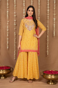 Yellow Bandhani Printed Dori Embroidered Straight Georgette Kurta with Sharara and Stole Set
