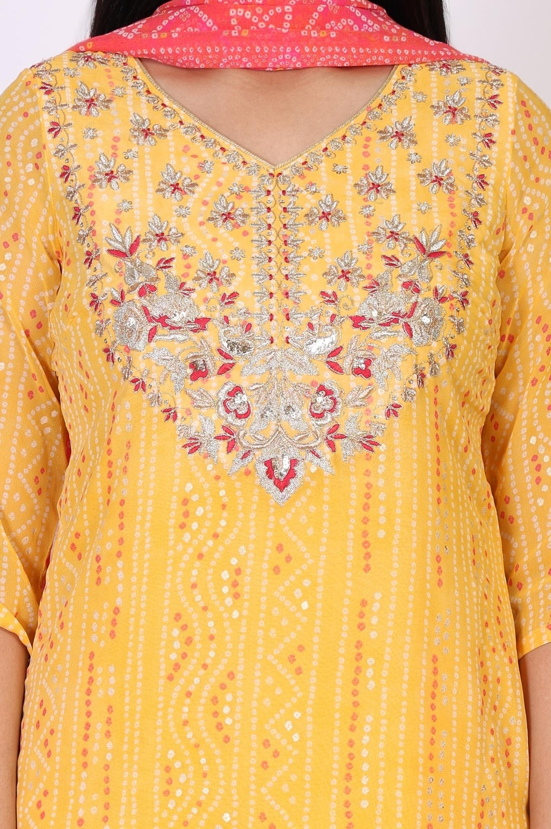 Yellow Bandhani Printed Dori Embroidered Straight Georgette Kurta with Sharara and Stole Set