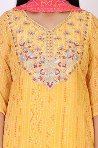 Yellow Bandhani Printed Dori Embroidered Straight Georgette Kurta with Sharara and Stole Set