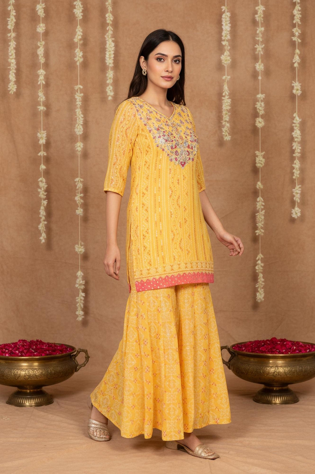 Yellow Bandhani Printed Dori Embroidered Straight Georgette Kurta with Sharara and Stole Set
