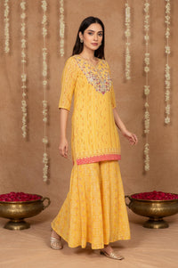 Yellow Bandhani Printed Dori Embroidered Straight Georgette Kurta with Sharara and Stole Set