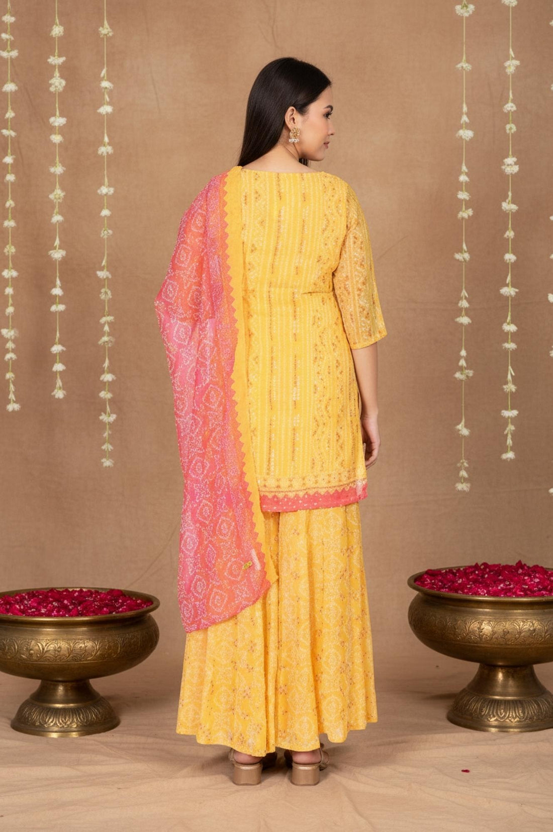 Yellow Bandhani Printed Dori Embroidered Straight Georgette Kurta with Sharara and Stole Set
