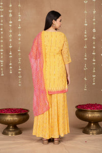 Yellow Bandhani Printed Dori Embroidered Straight Georgette Kurta with Sharara and Stole Set