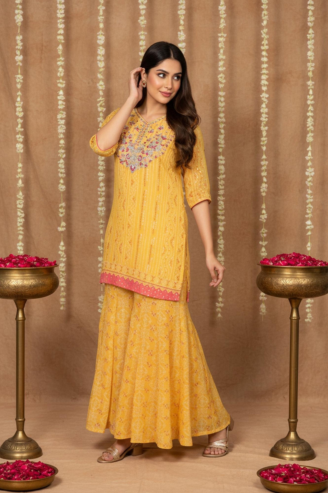 Yellow Bandhani Printed Dori Embroidered Straight Georgette Kurta with Sharara and Stole Set