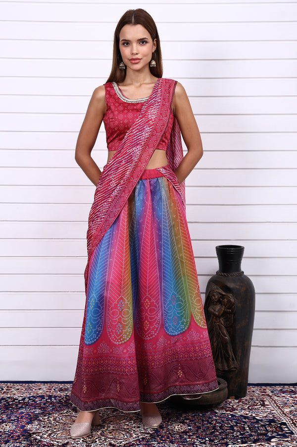 Magenta Bandhni Printed Sequins Tissue Straight Crop Top,  Flared Skirt and Dupatta Set