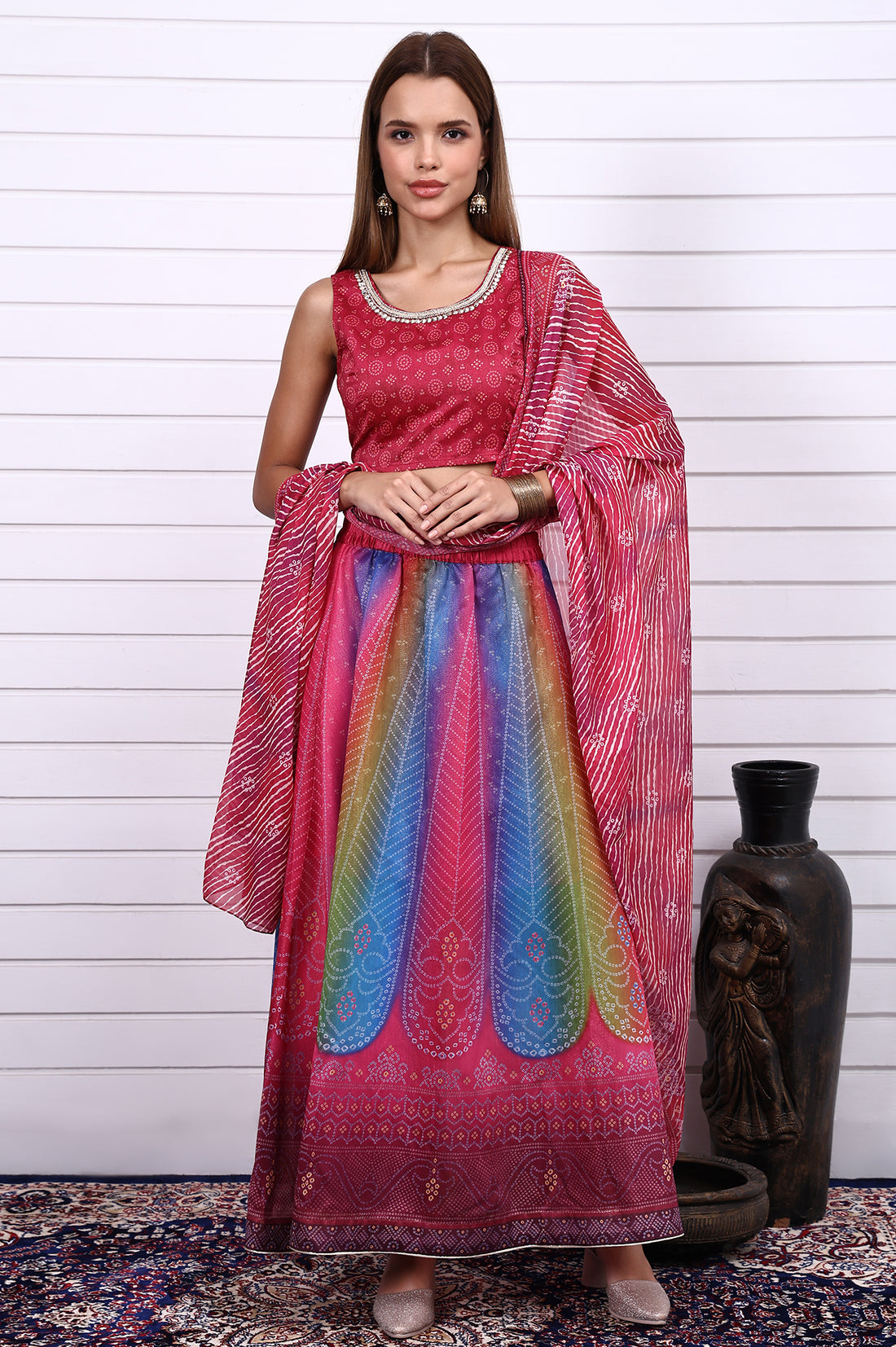 Magenta Bandhni Printed Sequins Tissue Straight Crop Top,  Flared Skirt and Dupatta Set