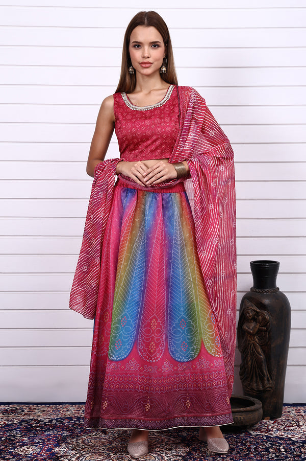 Magenta Bandhni Printed Sequins Tissue Straight Crop Top,  Flared Skirt and Dupatta Set