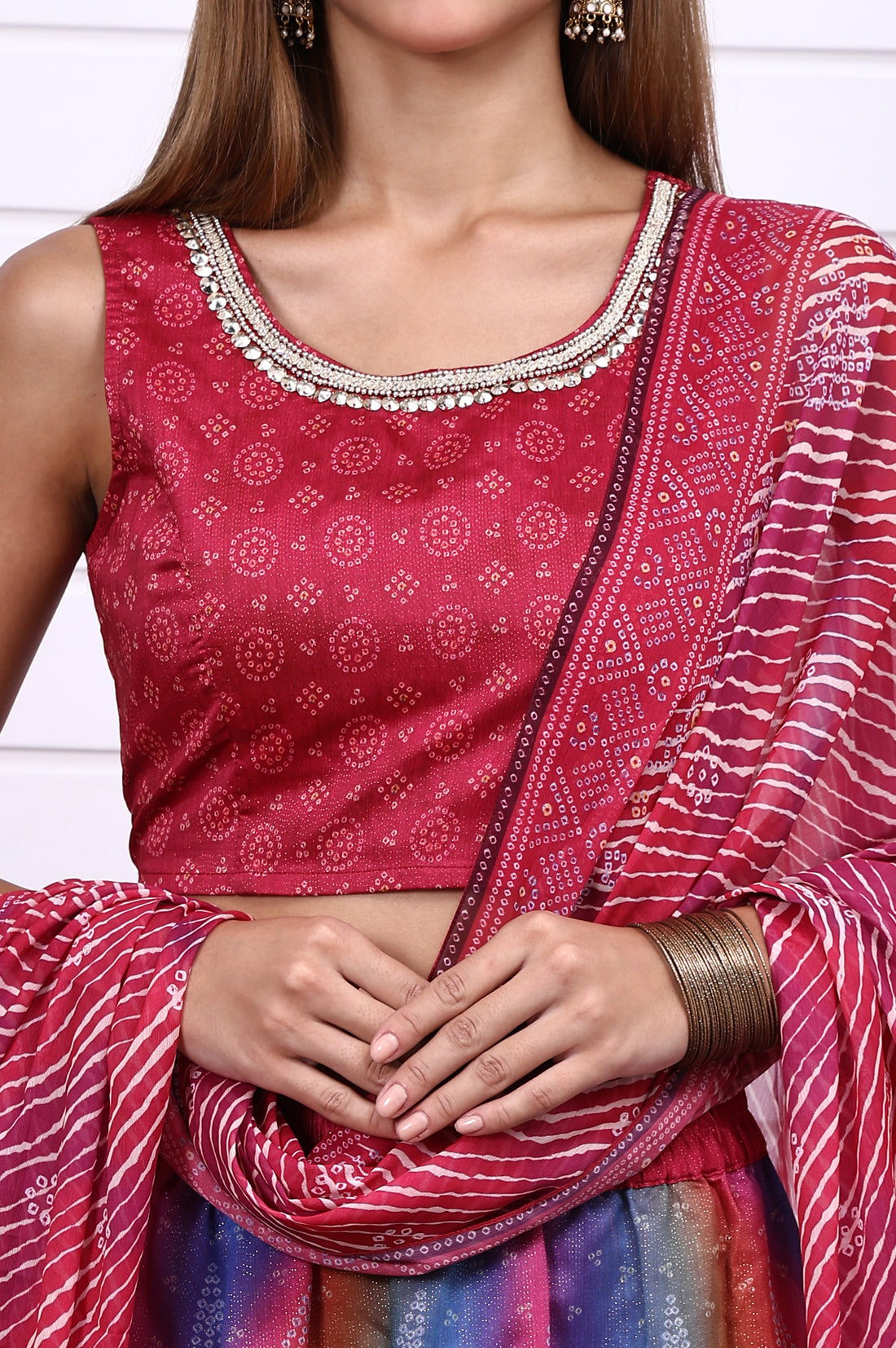 Magenta Bandhni Printed Sequins Tissue Straight Crop Top,  Flared Skirt and Dupatta Set