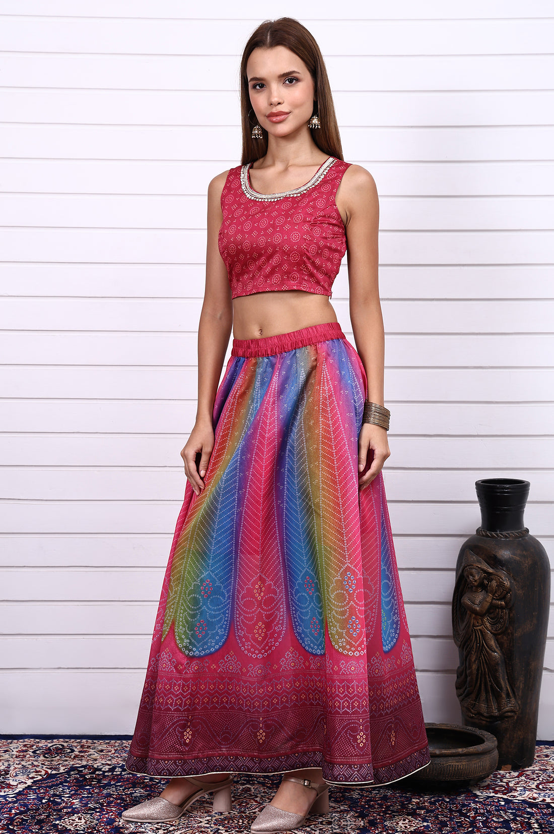 Magenta Bandhni Printed Sequins Tissue Straight Crop Top,  Flared Skirt and Dupatta Set