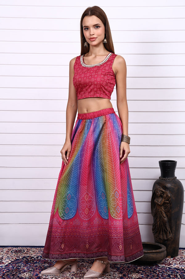 Magenta Bandhni Printed Sequins Tissue Straight Crop Top,  Flared Skirt and Dupatta Set