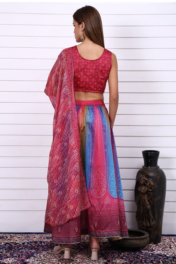 Magenta Bandhni Printed Sequins Tissue Straight Crop Top,  Flared Skirt and Dupatta Set
