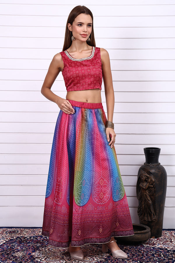 Magenta Bandhni Printed Sequins Tissue Straight Crop Top,  Flared Skirt and Dupatta Set